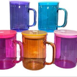 15oz Coloured Glass Mugs With Lids