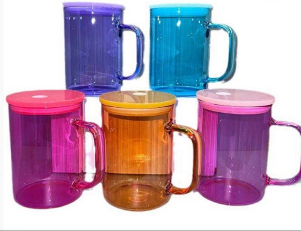 15oz Coloured Glass Mugs With Lids
